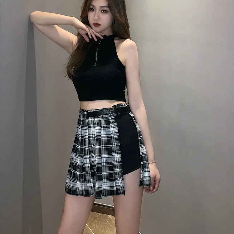 Plaid Side Slit Bodycon Mini Skirt - Fitted High Waist Skirt