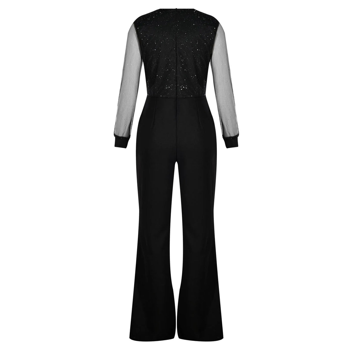 Black V-Neck Mesh Sequins Jumpsuit - Beaded Glamour