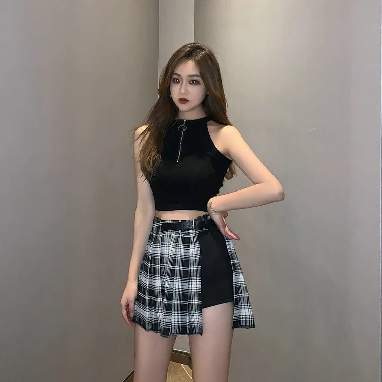 Plaid Side Slit Bodycon Mini Skirt - Fitted High Waist Skirt