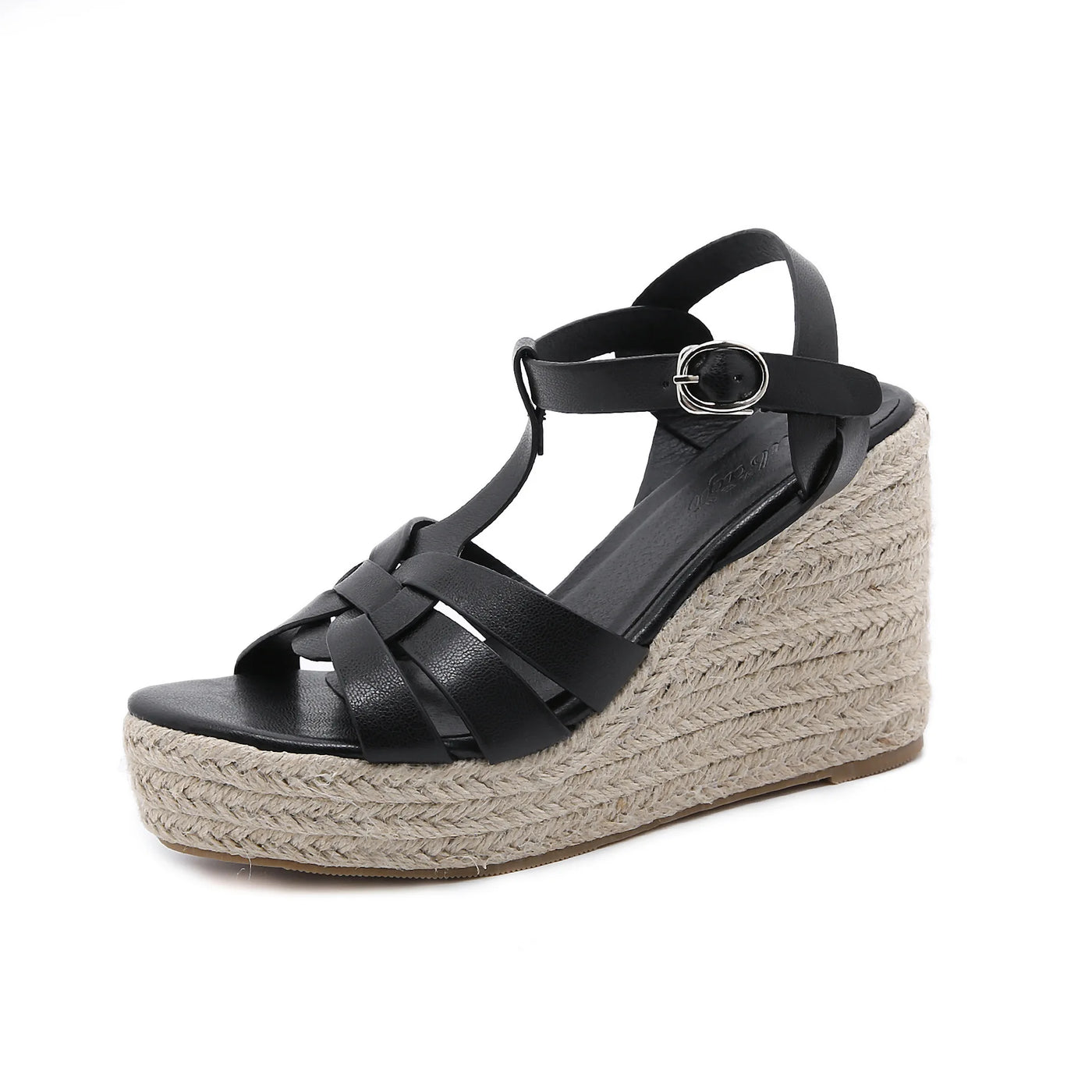 Straw Platform Wedge Shoes - High Heel Ankle Strap Flock
