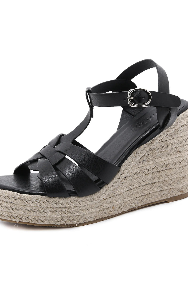 Straw Platform Wedge Shoes - High Heel Ankle Strap Flock
