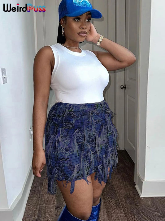 Checkered Tassel Denim Skirt