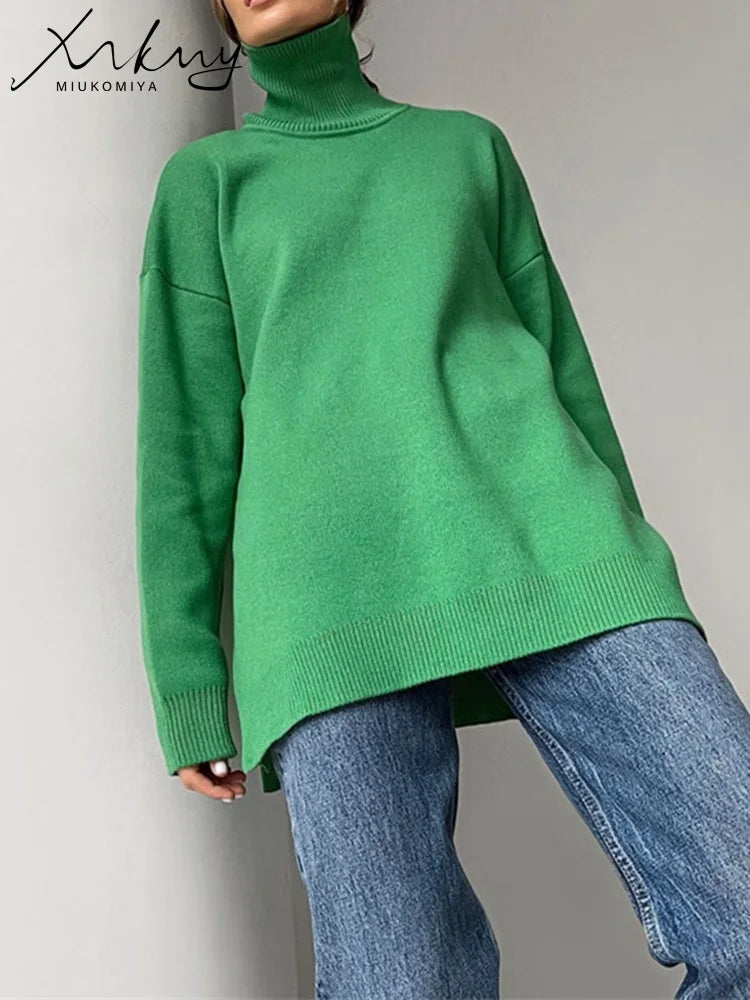 Turtleneck Side Split Knitted Sweater - Cozy Loose Fit Pullover