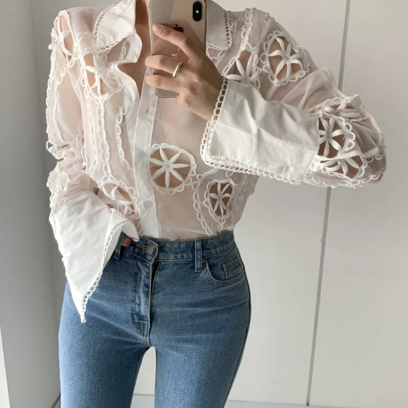Sexy Hollow Floral Embroidery Blouse - Elegant Polyester