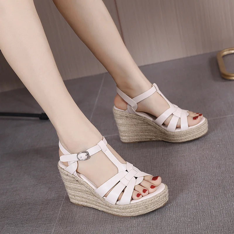 Straw Platform Wedge Shoes - High Heel Ankle Strap Flock