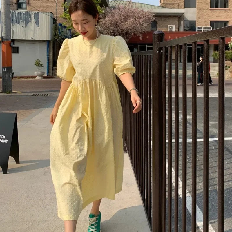 Puff Short Sleeve Long Dress - Romantic Cotton Comfort