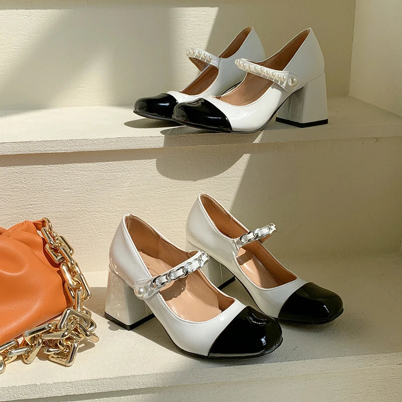 Round Toe Strap High Heel - Genuine Leather Chunky TPR