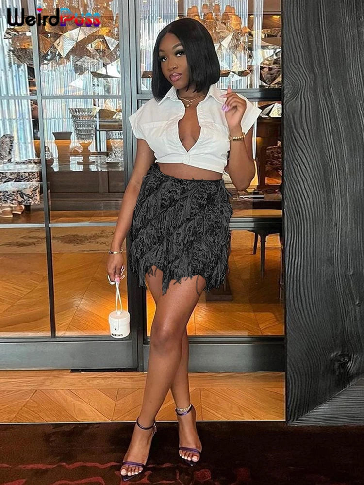 Checkered Tassel Denim Skirt