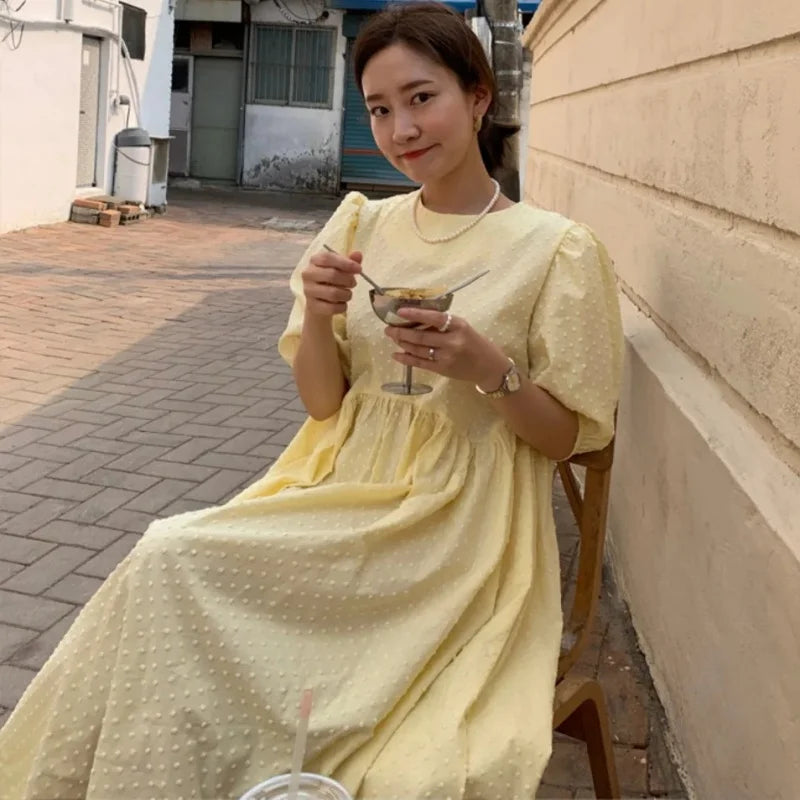 Puff Short Sleeve Long Dress - Romantic Cotton Comfort