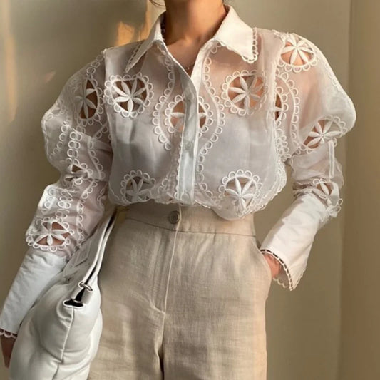 Floral Embroidered Hollow Blouse