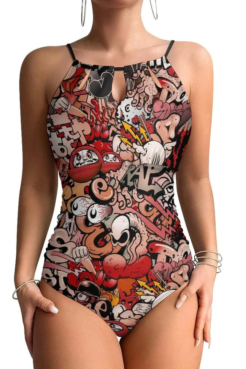 Graffiti Abstract Print One Piece - Artistic Polyester Swimsuit
