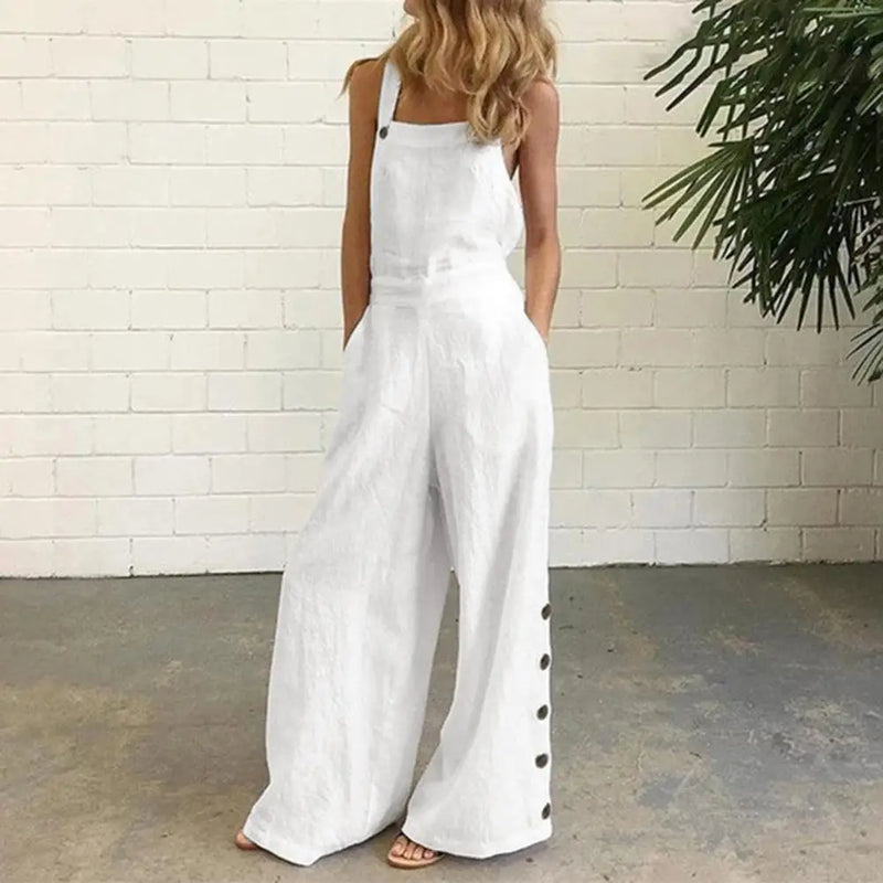 Wide Leg Side Button Jumpsuit - Polyester Statement Style