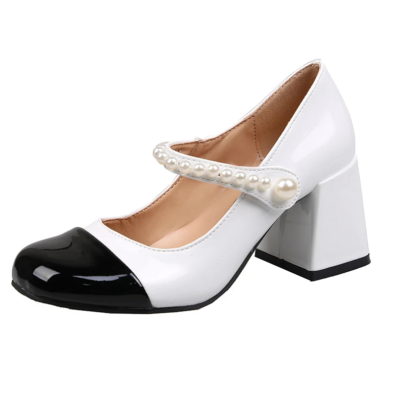 Round Toe Strap High Heel - Genuine Leather Chunky TPR