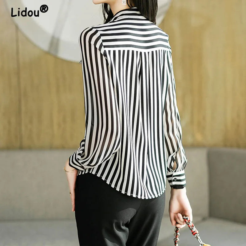 Striped Print Shirt - Lightweight Breathable Chiffon