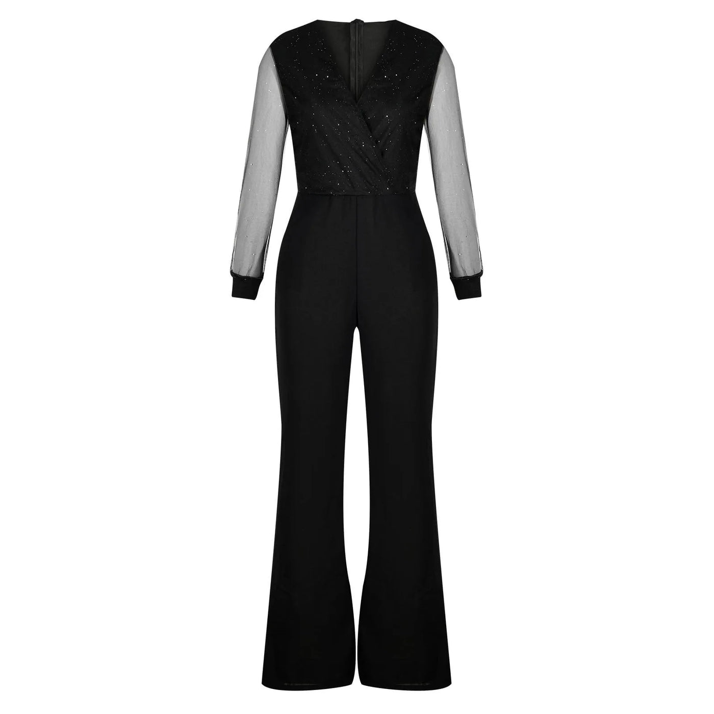 Black V-Neck Mesh Sequins Jumpsuit - Beaded Glamour