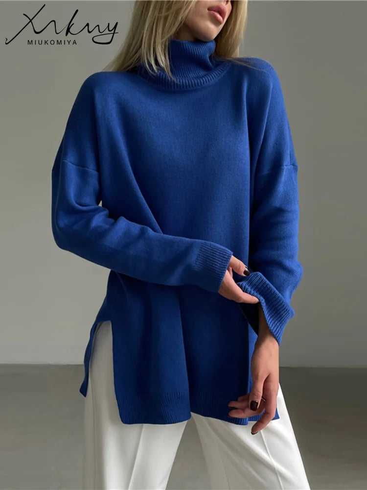 Turtleneck Side Split Knitted Sweater - Cozy Loose Fit Pullover