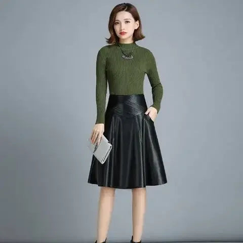 PU Leather Knee-Length Skirt - Sleek Faux Leather Pencil Skirt