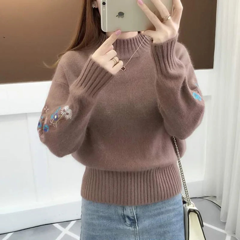 Stand Collar Embroidered Sweater - Lightweight Polyester Pullover