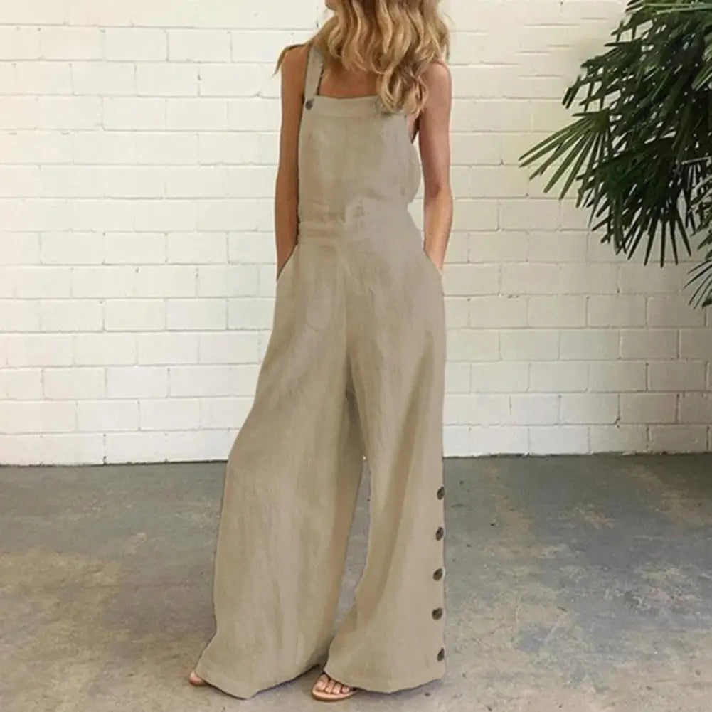 Wide Leg Side Button Jumpsuit - Polyester Statement Style