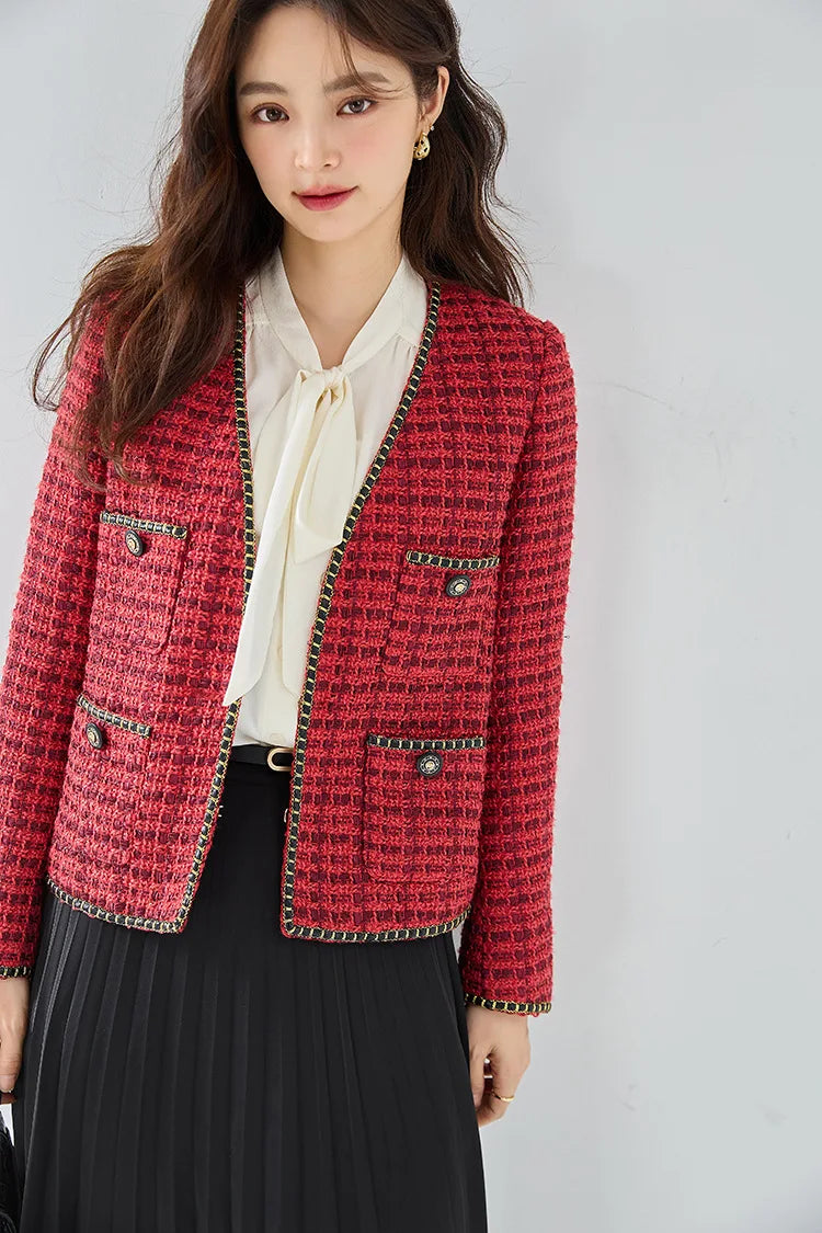 Elegant Tweed Wool Coat - Women's Autumn Winter Office Blazer