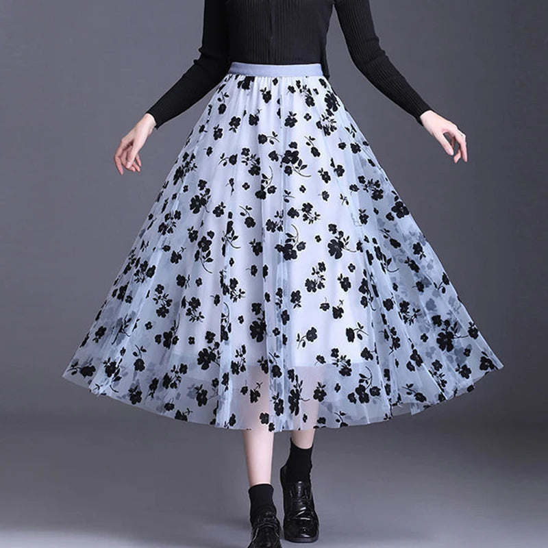 Elegant Mesh Floral Skirt - Mid-Calf A-Line Skirt