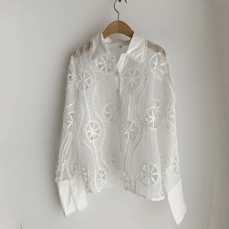 Sexy Hollow Floral Embroidery Blouse - Elegant Polyester