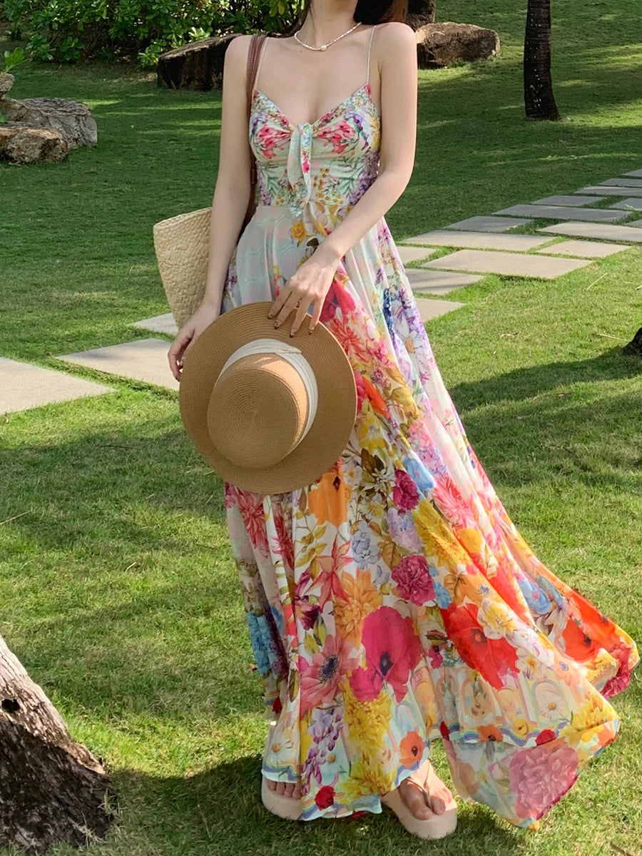 Summer Floral Print Boho Maxi Dress - Chiffon Elegance