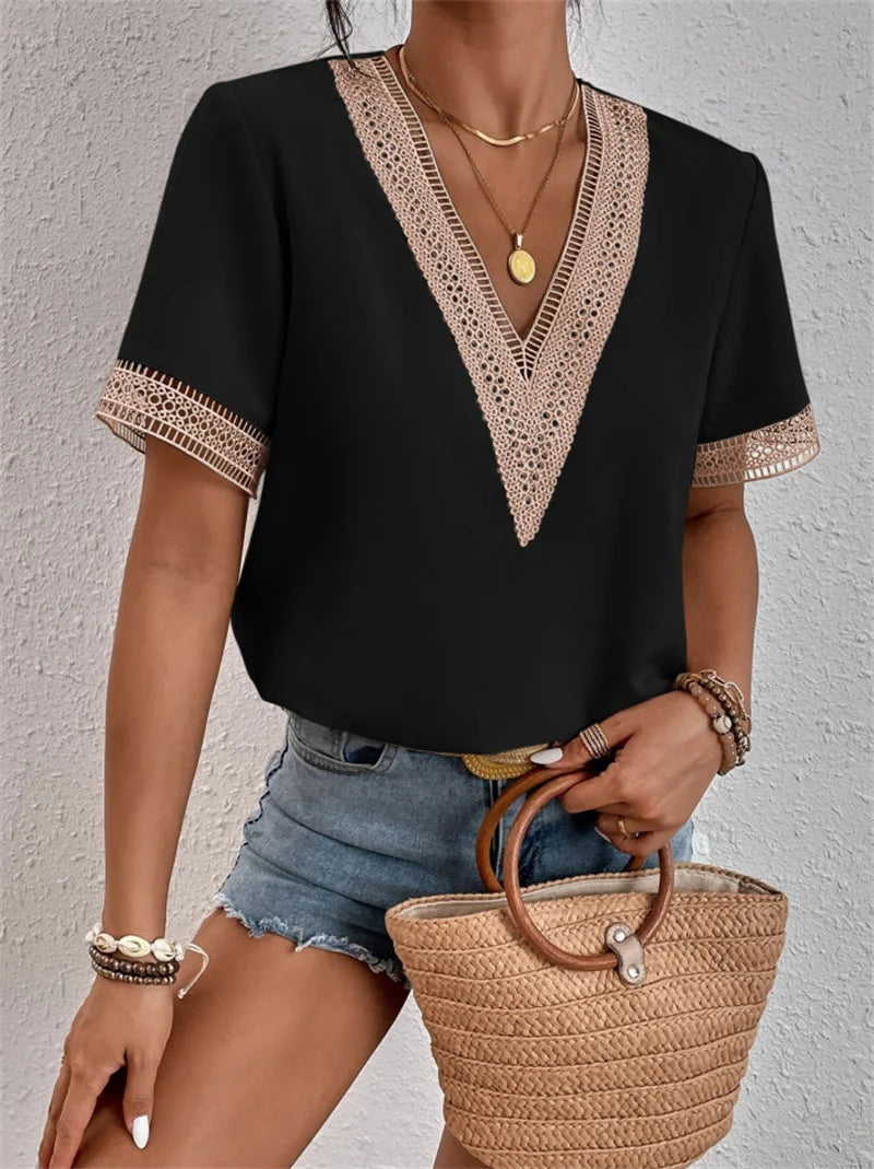 Lace Spliced V-Neck Blouse