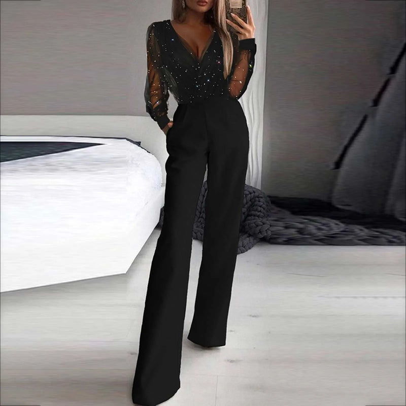 Black V-Neck Mesh Sequins Jumpsuit - Beaded Glamour