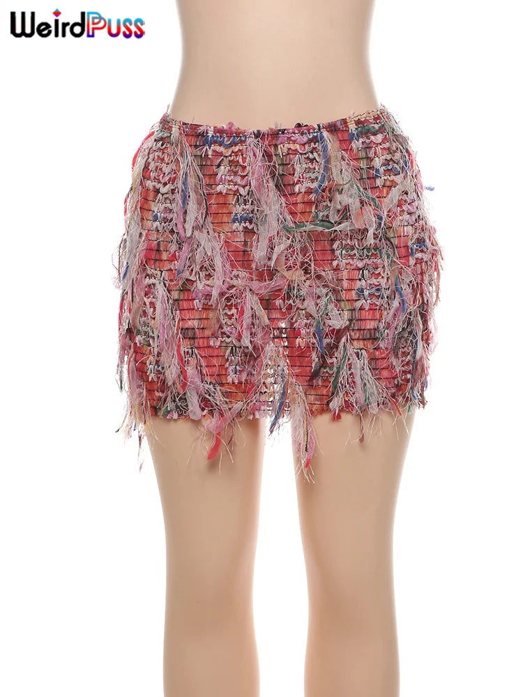 Checkered Tassel Denim Skirt