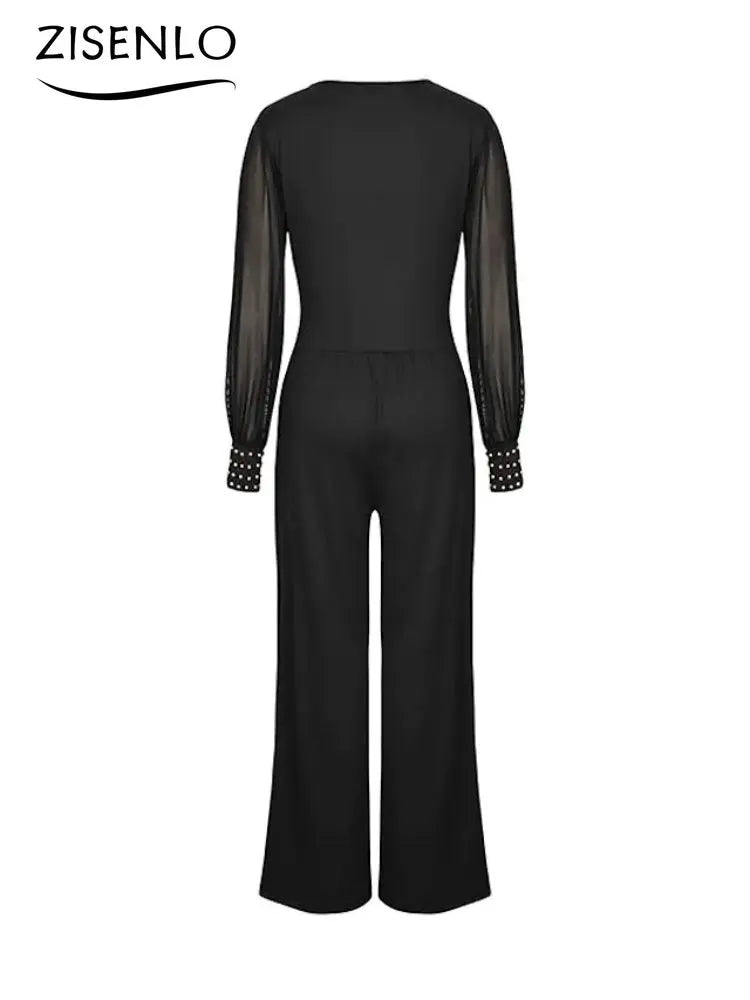 V Neck Long Sleeves Lapel Solid Jumpsuit - Elegant Polyester