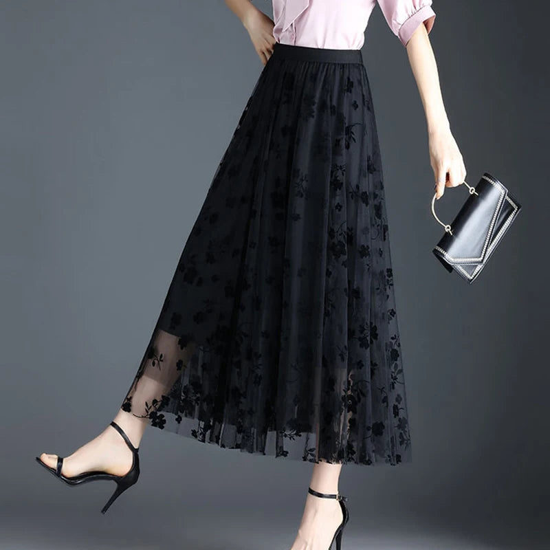 Elegant Mesh Floral Skirt - Mid-Calf A-Line Skirt
