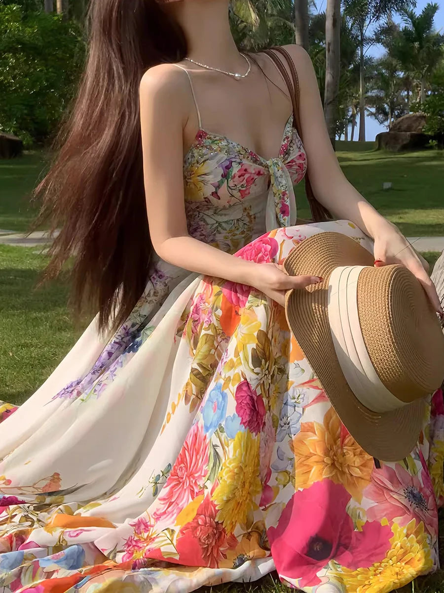 Summer Floral Print Boho Maxi Dress - Chiffon Elegance