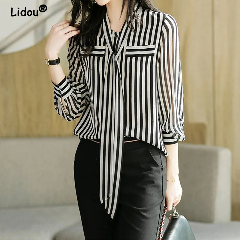 Striped Print Shirt - Lightweight Breathable Chiffon