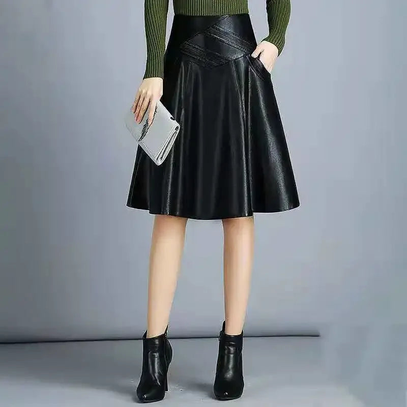 PU Leather Knee-Length Skirt - Sleek Faux Leather Pencil Skirt