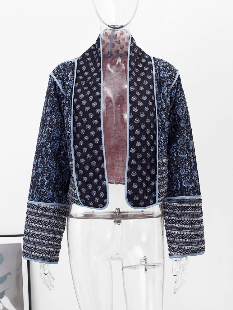 Vintage Floral Quilted Coat - Women's V-Neck Cotton Outerwear