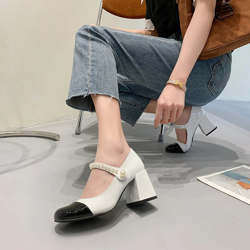 Round Toe Strap High Heel - Genuine Leather Chunky TPR