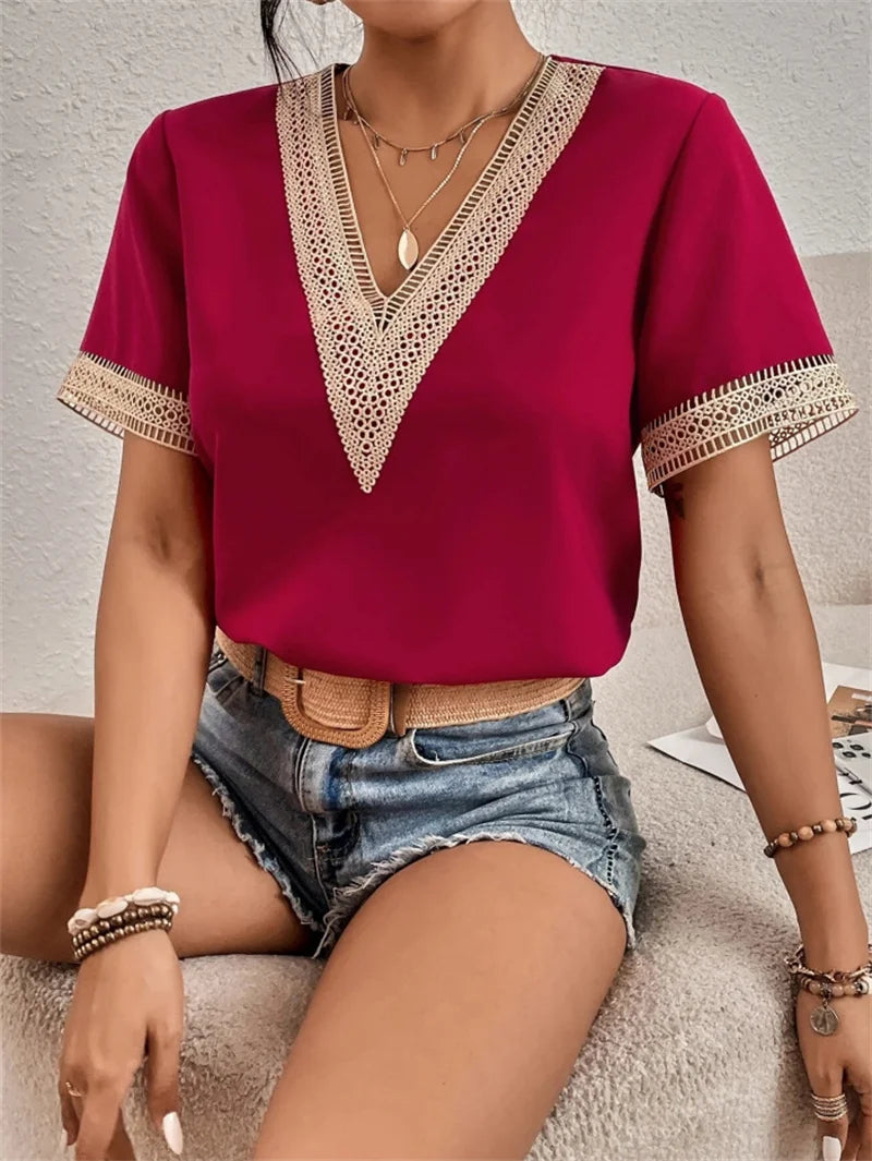 Lace Spliced V-Neck Blouse