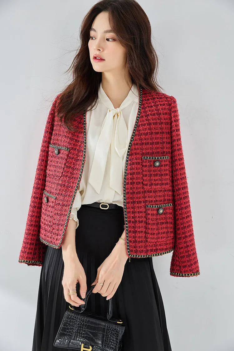 Elegant Tweed Wool Coat - Women's Autumn Winter Office Blazer