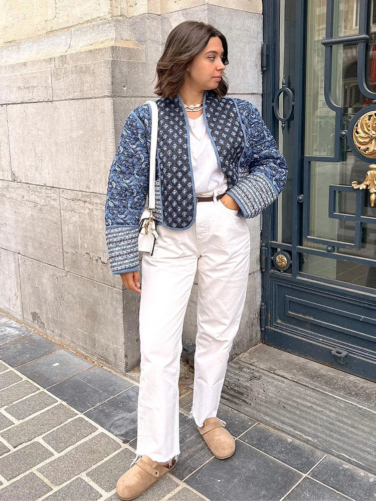 Vintage Floral Quilted Coat - Women's V-Neck Cotton Outerwear