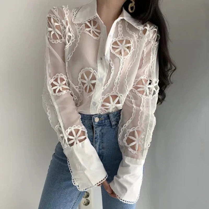 Sexy Hollow Floral Embroidery Blouse - Elegant Polyester