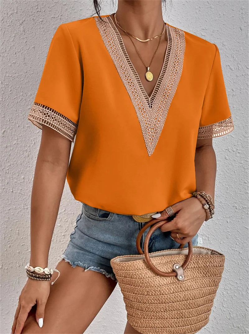 Lace Spliced V-Neck Blouse
