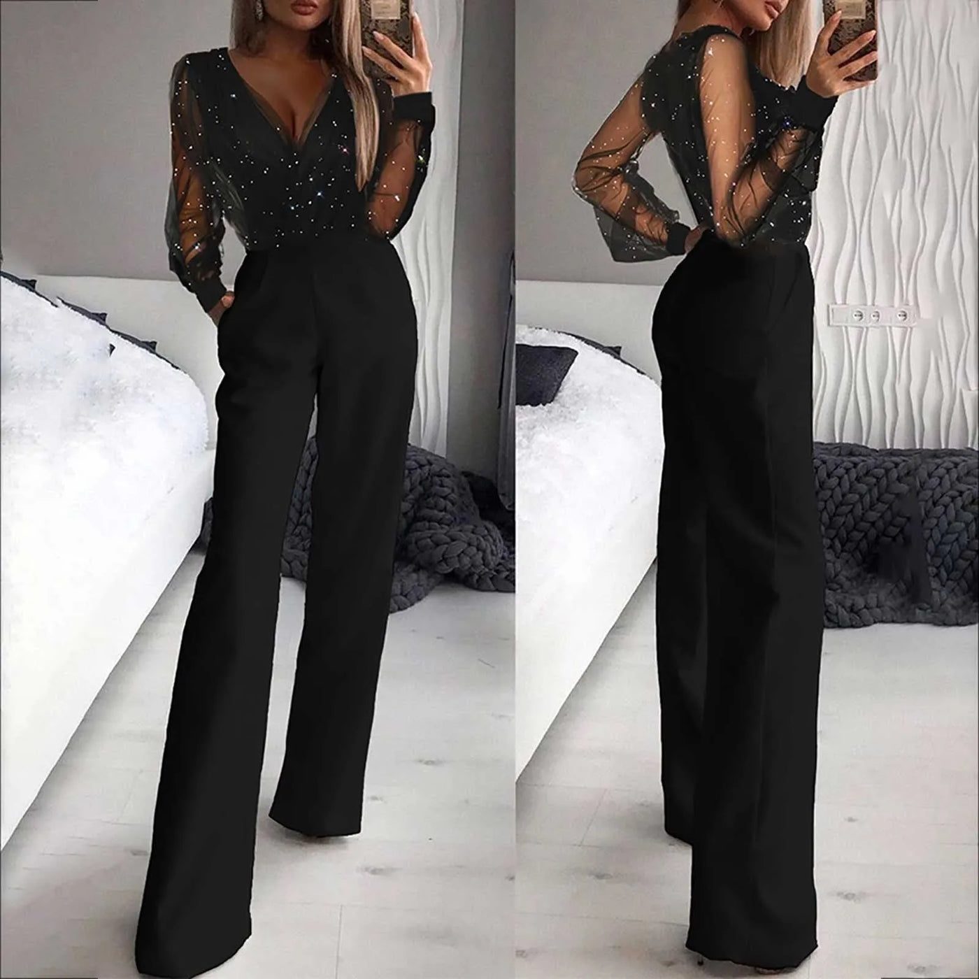 Black V-Neck Mesh Sequins Jumpsuit - Beaded Glamour