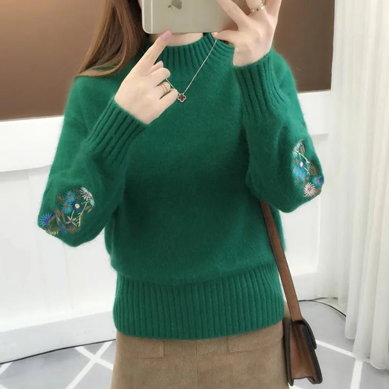 Stand Collar Embroidered Sweater - Lightweight Polyester Pullover
