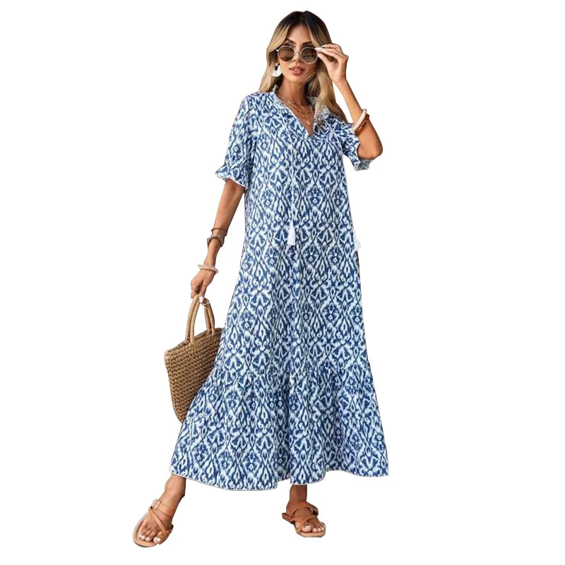 Flower Print Bohemian Dress - Lightweight Polyester A-Line