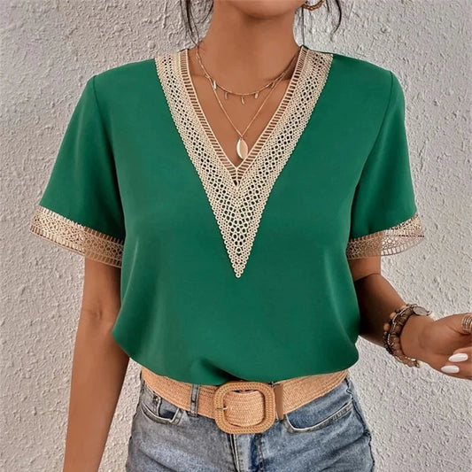 Lace Spliced V-Neck Blouse