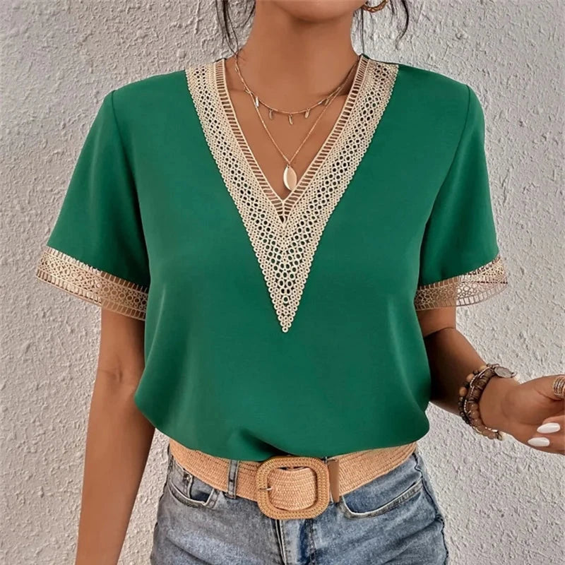 Lace Spliced V-Neck Blouse