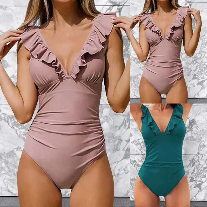 Ruffled V-neck Lace Up Monokini - Premium Spandex