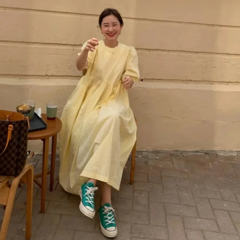 Puff Short Sleeve Long Dress - Romantic Cotton Comfort