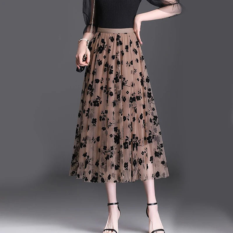 Elegant Mesh Floral Skirt - Mid-Calf A-Line Skirt